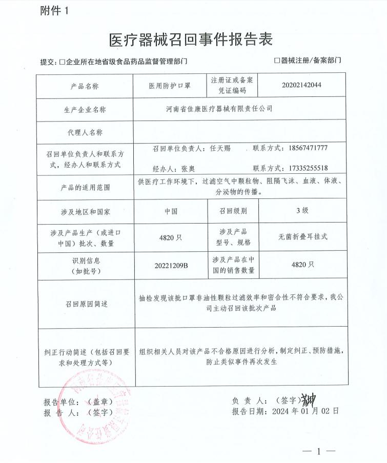 河南省佳康醫(yī)療器械有限責任公司對醫(yī)用防護口罩主動召回